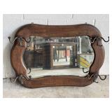 Antq Oak Framed Velvet Mirror with Hooks