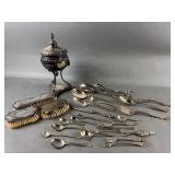 Silver Plate Brushes, Urn & Flatware