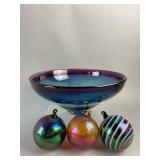 Signed Hand Blown Glass Bowl & Ornaments