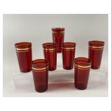 Vtg Ruby Red Glass Tumblers with Gold Trim