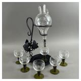 Vintage Wrought Iron  Etched Glass Wine Decanter