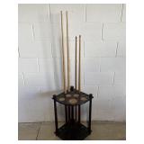 Corner Pool Cue Floor Stand & 4 Pool Sticks