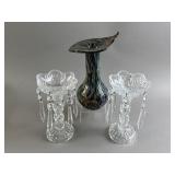 Swirl Art Glass Vase & Vtg Crystal Candlesticks
