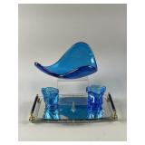 Vtg MCM Blue Art Glass Art Glass Centerpiece/More