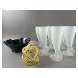 (6) Vintage Frosted Powder Horn Glasses & More