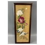 Framed Silk Textile Embroidered Flowers & Cranes
