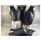Leather Motorcycle Riding Chaps, Vest, & Gloves