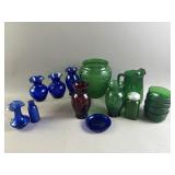 Vtg Colored Glass Vases, Pitchers, & More