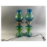 Vtg Glass Hurricane Table Lamps Blue & Green