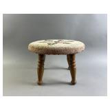 Vtg Hand Hooked Wood Foot Stool