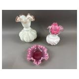 3 Pink Glass Ruffle Vases, Hobnail & More
