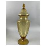 Vtg Bohemian Etched Engraved Floral Apothecary Jar