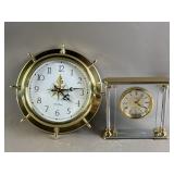 Vtg Brass Ship Wheel Clock & Glass Mantel Clock