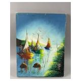 Signed Haitian Gol folk Art Oil Painting by Michel