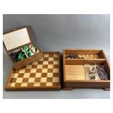 Wooden Chess & Checker Board W/ Game Pieces