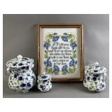 Vtg Cross Stitch Artwrok & Pots
