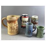 Vtg Hull Pottery Pitcher, Beer Steins, & More
