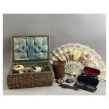 Vtg Sewing Basket, Hand Fan, & More