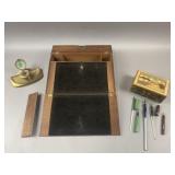 Antq Wooden Writing Desk  & Fountain Pens