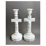Two Milk Glass Crucifix Candlestick Holders