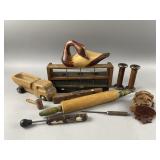 Antique Air Pump, Ice Pick & More Wood Decor