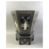Vtg Chinese Black Lacquer & Hardstone Planter