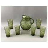 Vtg Anchor Hocking Crinkle Glass Pitcher & Glasses