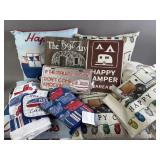 Lot of Camper Decor Pillows, Towels, & Pictures