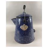 Vintage Blue Speckled Enamel Ware Camp Coffee Pot