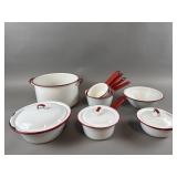 Vintage Red Enamel Ware Pots, Bowls, Pans & Lids