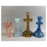 Vtg Pressed Glass Crucifix Candle Holders