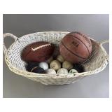 Whicker Basket of Baseballs, Pucks, & More