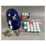 Lot of Golf Balls, Metals, & Detroit Tigers Items