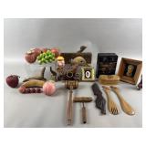 Assorted Wooden Art, Fruit, Clock & More