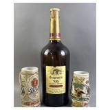 Seagrams Canadian Whiskey Bottle & Steins