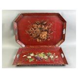 Large Hand Painted Floral Red Trays