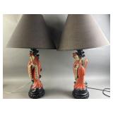 Vtg Chalkware Asian Figural Table Lamps