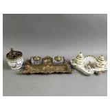 Antq Brass & Porcelain Inkwells