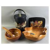 Couroc MC Ice Bucket, Tray, and Wooden Bowls