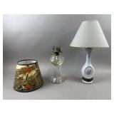 Vtg Oil Lamp & Floral Electric Lamp With Shades