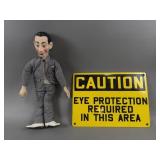Vtg Pee Wee Herman Pull String Doll & Caution Sign