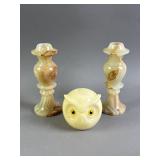 Alabaster Lot Owl & Candlesticks