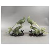 Carved Spinach Jade Perched Birds & Stands