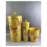 Vtg Yellow Hamper, Trash Can, & Brush Holder