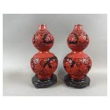 (2) Mirrored Chinese Double Gourd Vases & Stands