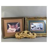 Antq Cherub Pediment & Framed Cherub Prints