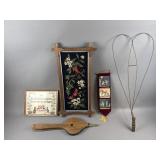 Framed Needlepoint Art, Fireplace Bellow, & More