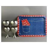 Vtg Metal Goblet Glasses and Tray
