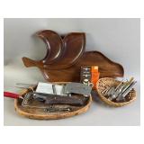 Wooden Trays & Kitchen Utensils Lot