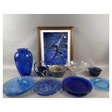 Vtg MCM Blue Glass Fostoria Optic Vase & More